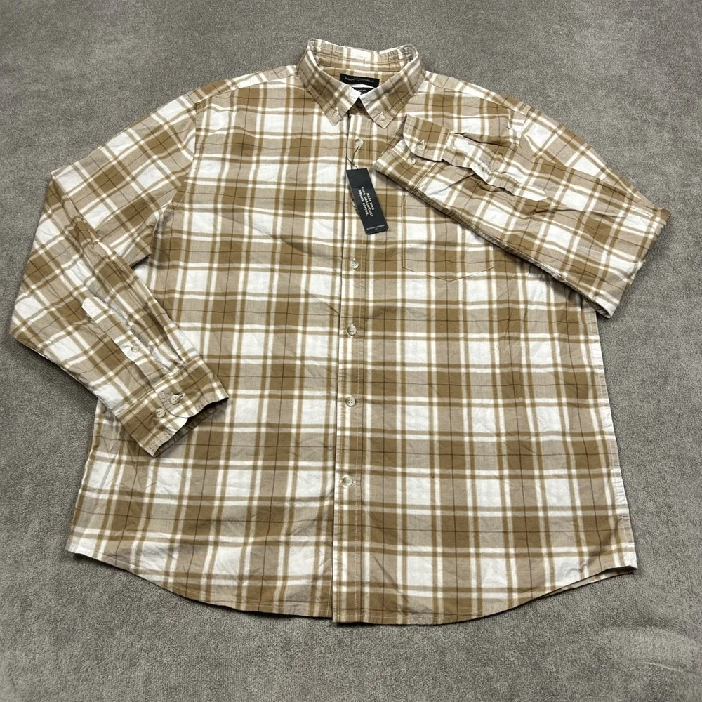 NEW Banana Republic Shirt Mens XL Untucked Fit Brown Plaid Lightweight Organic